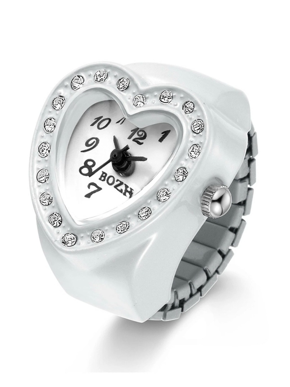 White Silver Heart Crystal Finger Hand Watch Ring